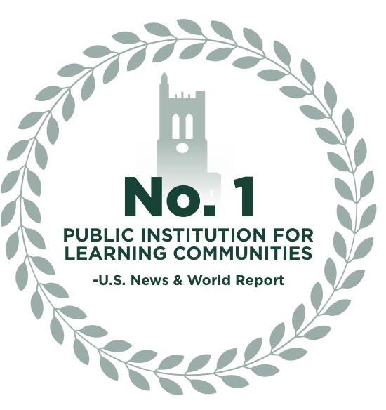graphic with a laurel wreath around an icon of Beaumont Tower. No. 1 Public Institution for Learning Communities: US News & World Report