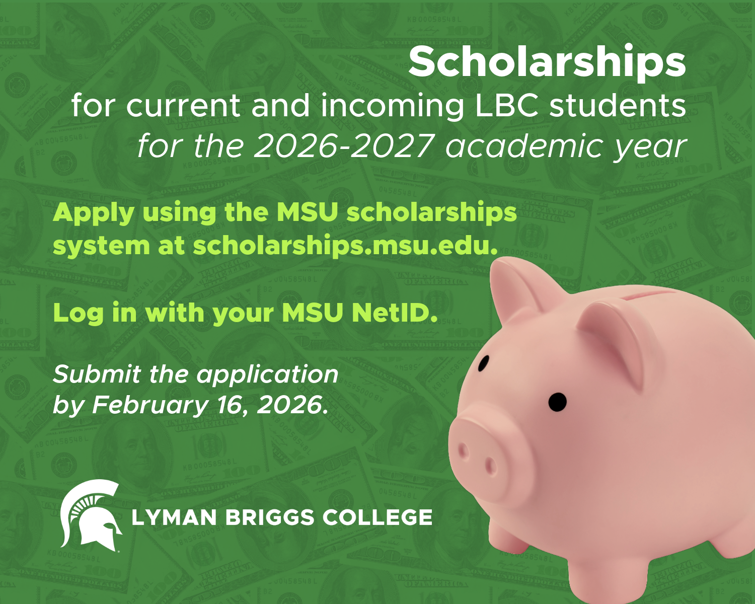 scholarship graphic. Apply by February 16