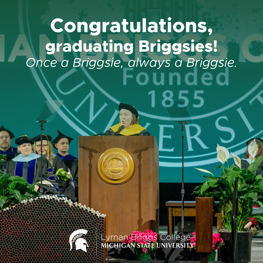 Dean C. addresses the crowd at a former commencement ceremony. Text says Congratulations, graduating Briggsies!