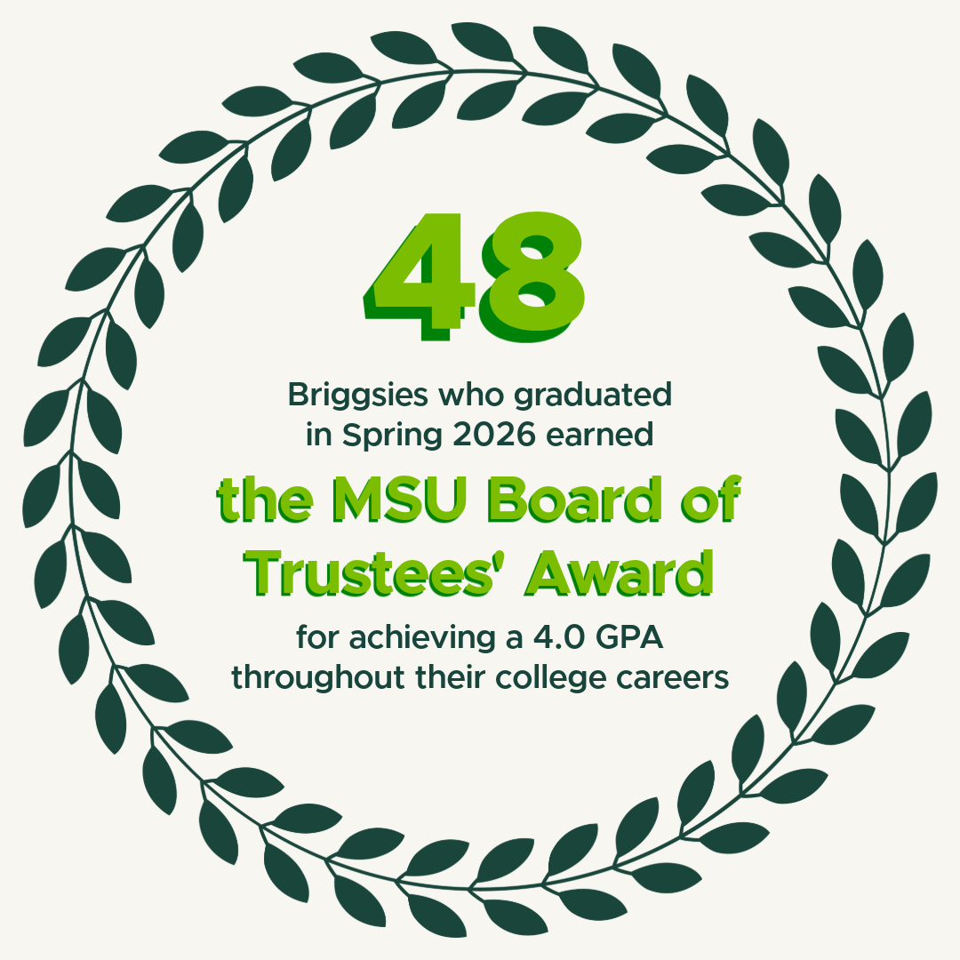 Laurel around the number 48--the number of graduating Briggsies who earned the MSU Board of Trustees' Award for 4.0 GPA