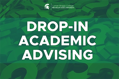 Drop-In Academic Advising. Green background with 3-D question marks and an LBC graphic