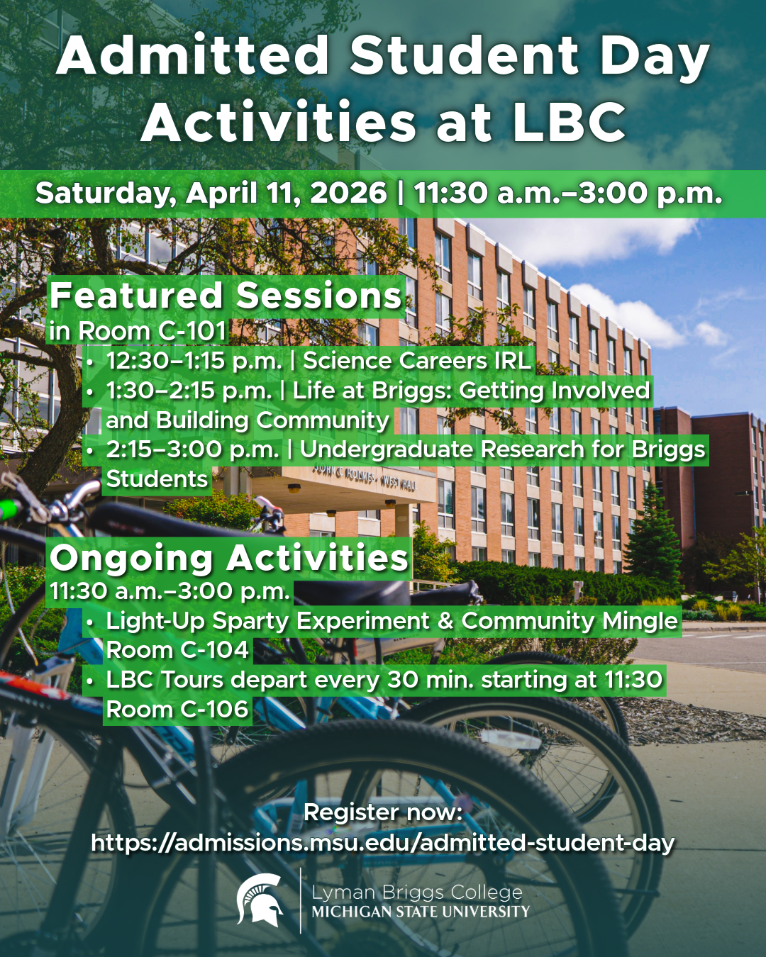 Admitted Student Day graphic with all the event details overlaid on an exterior photo of Holmes Hall